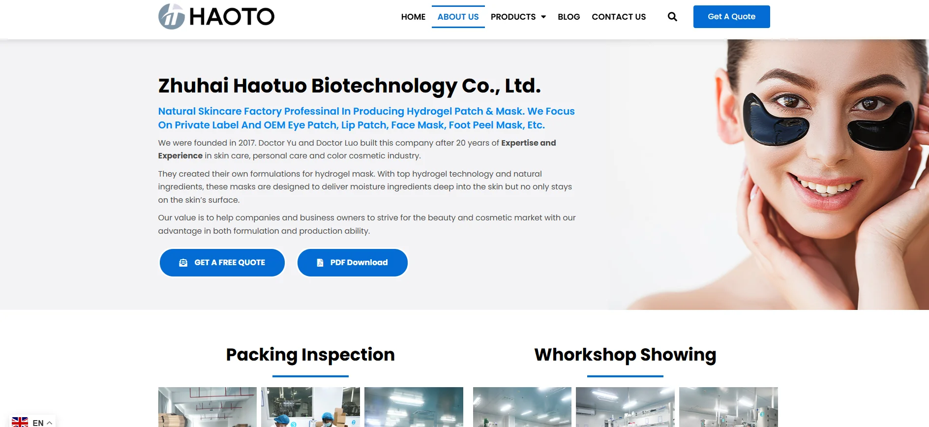 Zhuhai Haotuo Biotechnology Company About Us page featuring details about their hydrogel and skincare product expertise, alongside an image of a smiling woman wearing black under-eye patches.